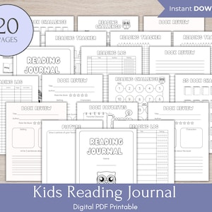 May include: Black and white printable reading journal for kids with 20 pages. The journal includes pages for reading logs, book reviews, reading challenges, and book favorites. The cover features an owl illustration and the text "Kids Reading Journal".