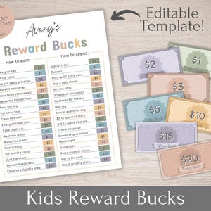 EDITIERBARE Kinder Belohnung Bucks Printable, Kinder Belohnung Gutscheine, Chore Bucks, Belohnungssystem für Kinder, gutes Behavior Bucks, Mom Bucks, Spielgeld
