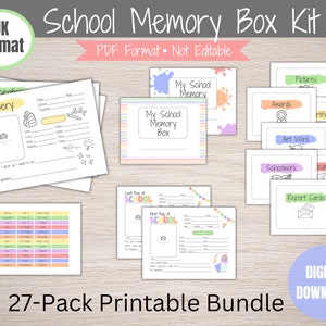 May include: A printable school memory box kit in PDF format. The kit includes 27 pages with colourful designs and labels for different categories, such as "First Day of School", "Last Day of School", "Awards", "Art Work", "Schoolwork", and "Report Cards".