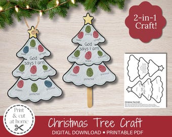 May include: Christmas tree craft with the text "God says I am" and words like "loved" and "brave" with colorful fingerprint designs. Includes a printable PDF and a 2-in-1 craft option.