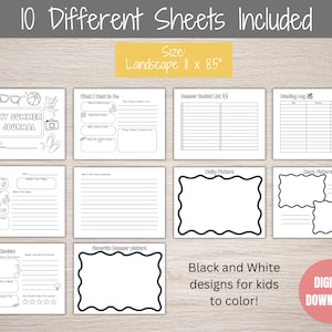 Puede incluir: P&aacute;ginas de diario de verano imprimibles en blanco y negro para que los ni&ntilde;os las coloreen. Las p&aacute;ginas incluyen una lista de deseos de verano, un registro de lectura, un planificador diario y mucho m&aacute;s. Las p&aacute;ginas miden 28 cm por 21,5 cm.