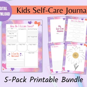 May include: A printable 5-pack self-care journal bundle for kids. The journal pages feature a purple and pink galaxy design with hearts and stars. The pages include prompts for gratitude, feelings, and self-reflection.
