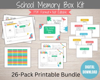 Puede incluir: Un paquete imprimible de 26 piezas para un kit de caja de recuerdos escolares. El kit incluye páginas para fotos, certificados, premios, obras de arte, documentos e informes. El diseño presenta acentos coloridos y el texto "School Memory Box Kit".