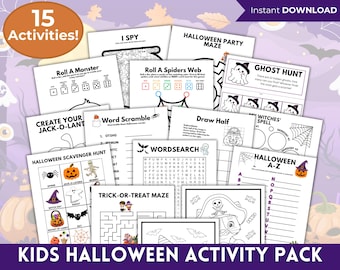 May include: A collection of 15 Halloween-themed activity sheets for kids. The pack includes mazes, word searches, drawing activities, and more. The title "Kids Halloween Activity Pack" is displayed at the bottom, with "Instant Download" at the top.