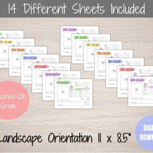 May include: A set of 14 printable worksheets for students in grades Pre-K through 12th grade. Each worksheet features a different grade level and includes space for students to write about themselves, their favorite things, and their goals. The worksheets are designed in a landscape orientation and measure 11 inches by 8.5 inches.