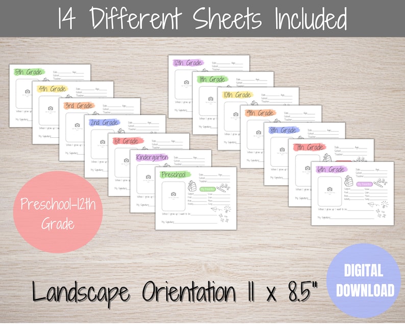 May include: A set of 14 printable worksheets for students in grades Pre-K through 12th grade. Each worksheet features a different grade level and includes space for students to write about themselves, their favorite things, and their goals. The worksheets are designed in a landscape orientation and measure 11 inches by 8.5 inches.