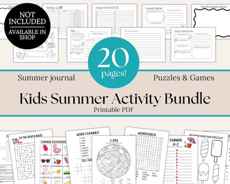 Puede incluir: Un paquete de 20 p&aacute;ginas de actividades de verano para ni&ntilde;os, imprimible en PDF. Las p&aacute;ginas incluyen un diario de verano, rompecabezas, juegos y actividades como b&uacute;squedas de palabras, sopas de letras y un "laberinto a la playa".