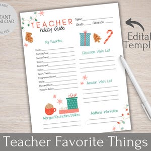 EDITABLE Teacher Christmas list, Teacher Favorite Things, Favorite Things, Christmas Wish List, All About my teacher, Teacher Gift Guide