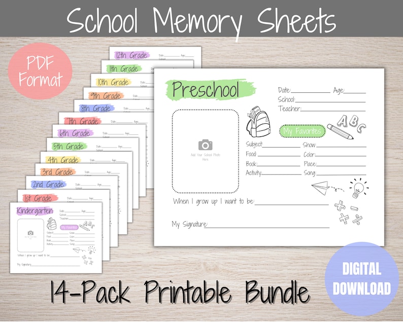 May include: A printable bundle of 14 school memory sheets in PDF format. The sheets are designed for different grade levels, from kindergarten to 12th grade, and include sections for personal information, favorite things, and a space for a photo. The preschool sheet features a green and white color scheme with a cute backpack and ABCs.