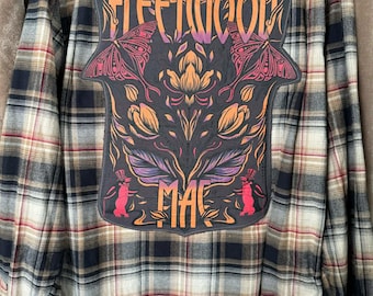 Men's Brown and black plaid flannel shirt, Size XL (Tall) with Fleetwood Mac tee shirt attached to the back. Custom-made, one of a kind