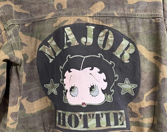 Ladies upcycled camouflage denim jacket, Betty Boop Tee attached to the back. Ladies Large, one of a kind