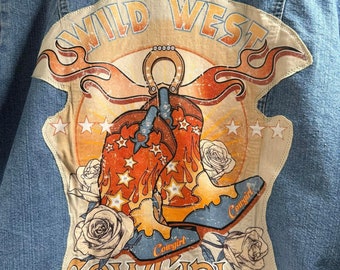 Wild West Cowgirl denim jacket, Ladies XL, Christoper Banks Brand, upcycled denim jacket, with Wild West Cowgirl tee on back. one of a kind