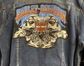 Ladies' denim Harley Davidson jacket. Ladies' Ava and Liv denim jacket, extra-long size 3X, with HARLEY tee attached to back. 1 only