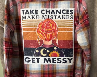 Ladies' red and gold plaid flannel shirt, Old Navy Brand Size Medium, with cute tee shirt attached to the back. Girl with Messy bun. 1 only