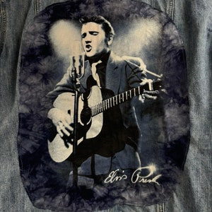 Elvis Presley playing guitar, ladies size 1X, CJ Banks Brand denim jacket. Elvis tee attached to back of jacket. One of a kind. Blue denim