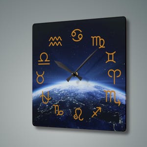 Celestial Zodiac Wall Clock, Astrology Decor, Horoscope Gift, Unique Art, Cosmic Timepiece.  Earth Rising Design