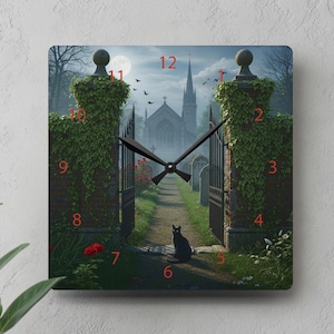 Schwarze Katze Wanduhr, Dark Academia Gothic Kunst, Witchy Home Decor, Silent Square (10.75'')