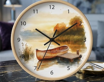 Rustic Canoe Dock Landscape Clock | Kayak Lake Scene Wall Clock | Cabin Decor