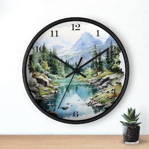 Mountain Cabin Wall Clock | River Scene Clock | Rustic Mountains Clock | Nature Wall Clock | Wilderness Clock