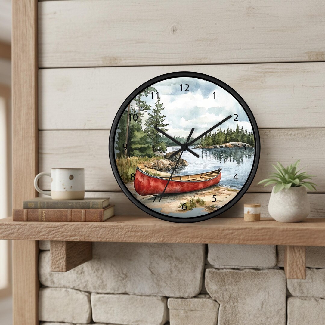 Canoe on Lake Wall Clock | Lodge Cabin Decor | Rustic Lakehouse Clock ...