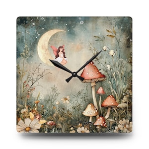 Fairy Tale Acrylic Wall Clock: Woodland Moon & Mushroom Nursery Decor