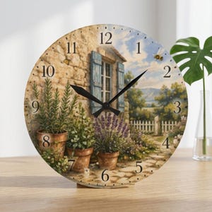 Cottage Garden Scene Acrylic Wall Clock | Lavender Pots, Rustic Window, Country Decor