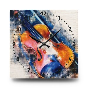 May include: Square wall clock featuring a watercolor painting of a violin with a bow. The clock face has black numbers and hands, set against a background of blue, orange, and white hues. The background includes newspaper print.