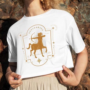 Camiseta corta con la carta del zodiaco Sagitario, camiseta vintage de astrología, camiseta del horóscopo para mujer, regalo místico del signo zodiacal