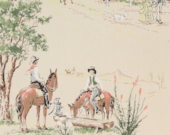 1960s Vintage Wallpaper Cowboys Horses Western Town by the Yard