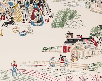 1950s Vintage Wallpaper Farm Scene on Beige by the Yard