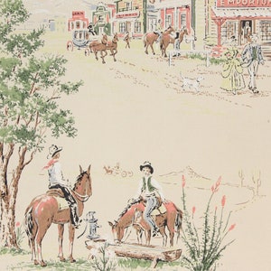 1960s Vintage Wallpaper - Cowboys Horses Western Town, Sold by the Yard
