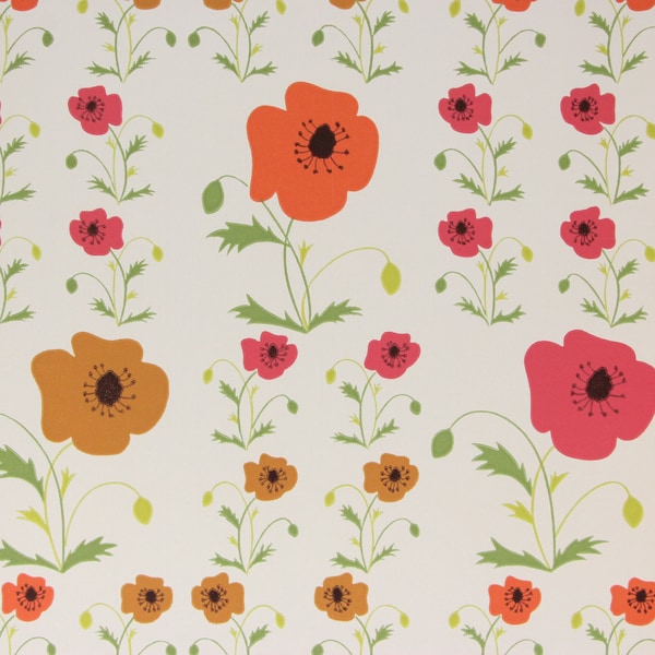 1960s Vintage Wallpaper Bright Red and Orange Poppies on White by the Yard--Made in West Germany