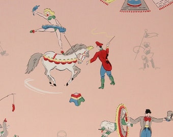 1940s Vintage Children's Wallpaper Circus Ringleader Poodles Elephants Acrobats Clowns by the Yard