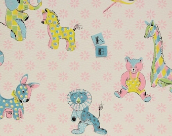 1970s Vintage Wallpaper - Retro Textured Children's Blue Pink Stuffed Animals Lion Bear Giraffe, Sold by the Yard