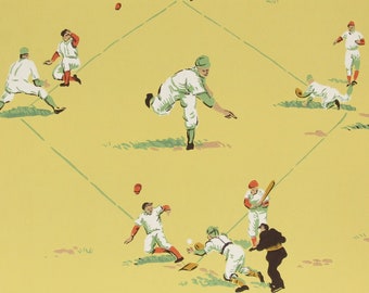 1950s Vintage Wallpaper Baseball Team Players Dugout on Yellow by the Yard