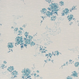 1960s Vintage Wallpaper - Blue Roses and Scrolls on Textured White and Blue, Sold by the Yard