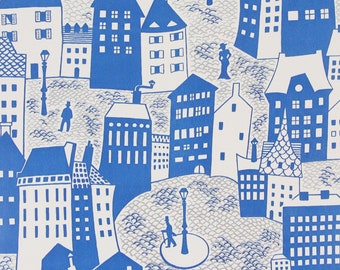 1970s Vintage Adhesive Paper - Blue White City Life Wallpaper Peel and Stick, Sold by the Yard