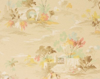 1930s Vintage Wallpaper - Palm Trees Garden Gate, Sold by the Yard