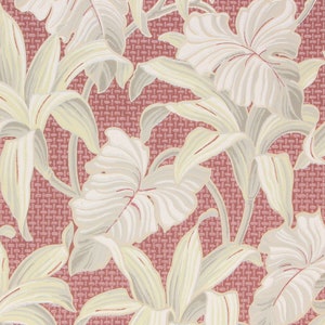 1930s Vintage Wallpaper - Large White Gray Tropical Leaves on Dark Red, Sold by the Yard