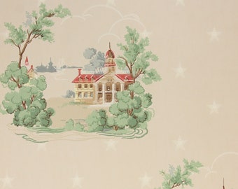 1950s Vintage Wallpaper Colonial Scenic by the Yard