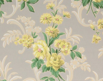 1930s Vintage Wallpaper Yellow Flowers Pink Centers Scrolls on Gray by the Yard