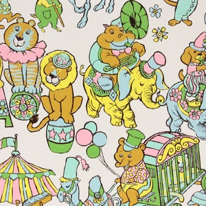 1970s Retro Vintage Wallpaper Children's Circus Pink Blue Hippo Elephant Lion Tiger by the Yard