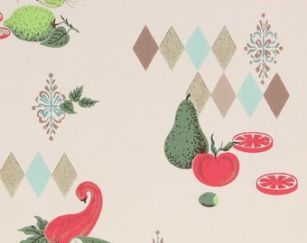 1950s Vintage Wallpaper - Red Green Fruits Veggies on White, Sold by the Yard