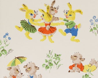May include: Vintage wallpaper featuring a whimsical scene of bunnies and lambs. The bunnies are dressed in colorful outfits and are dancing in a circle. The lambs are wearing overalls and are playing with an umbrella. The wallpaper is printed on a white background with a floral pattern.