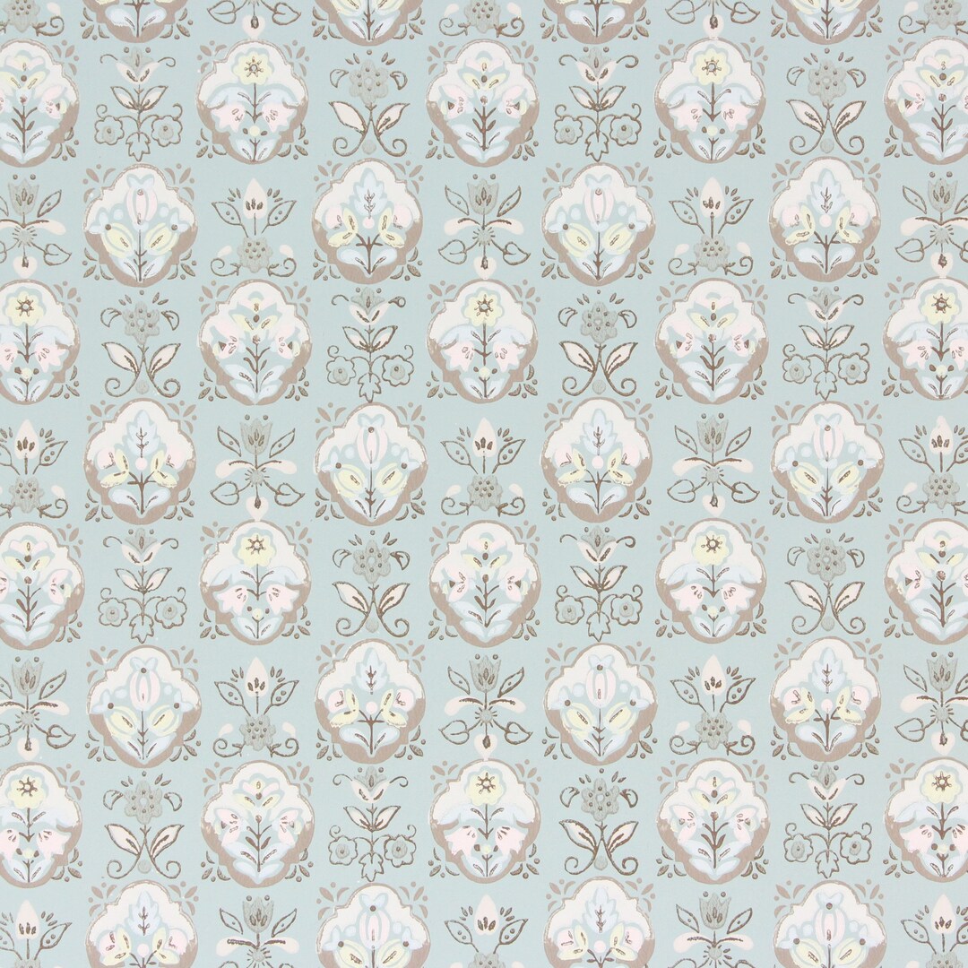 1940s Vintage Wallpaper Pink Yellow and White Floral Geometric on Blue