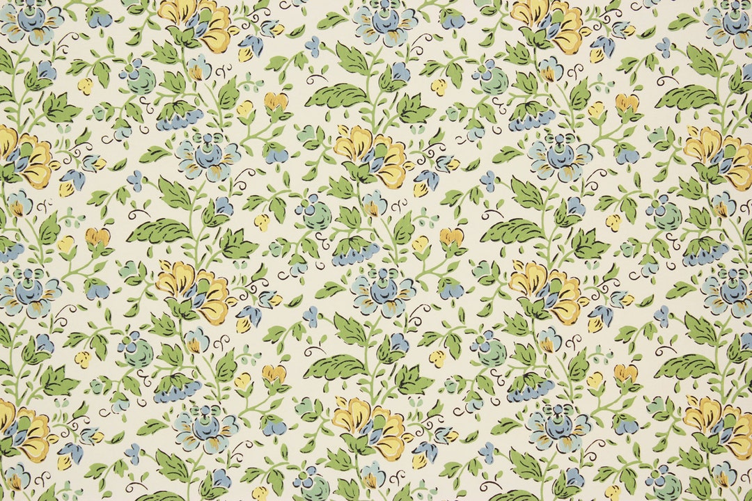 1970s Retro Vintage Wallpaper - Blue and Yellow Flowers, Sold by the ...