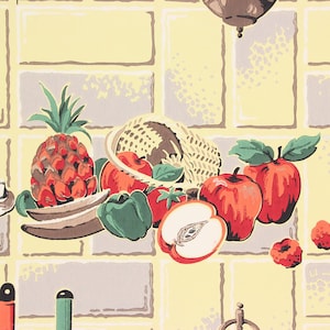 1940s Vintage Wallpaper - Red Apples on Yellow Tile Kitchen, Sold by the Yard