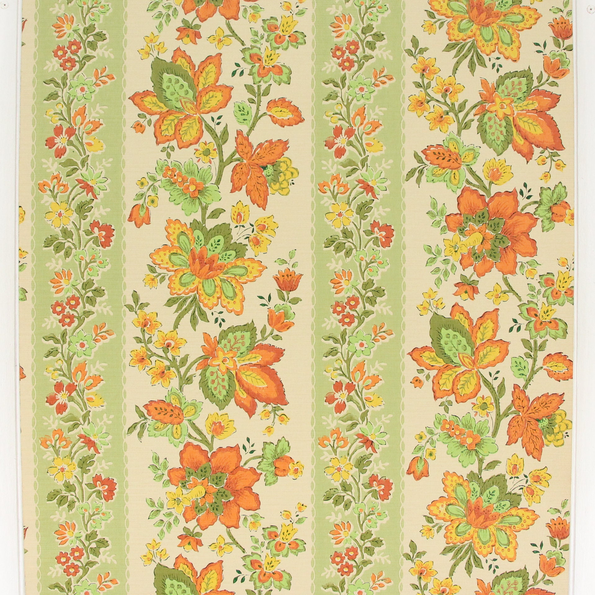 1960s Vintage Wallpaper - Retro Orange and Yellow Floral on Green ...
