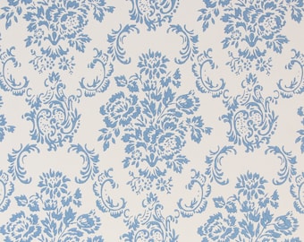 1960s Vintage Wallpaper Blue Damask on White by the Yard