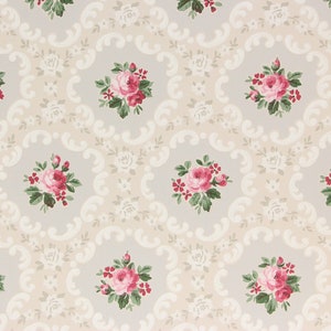 1940s Vintage Wallpaper Pink Roses on Beige and Gray by the Yard